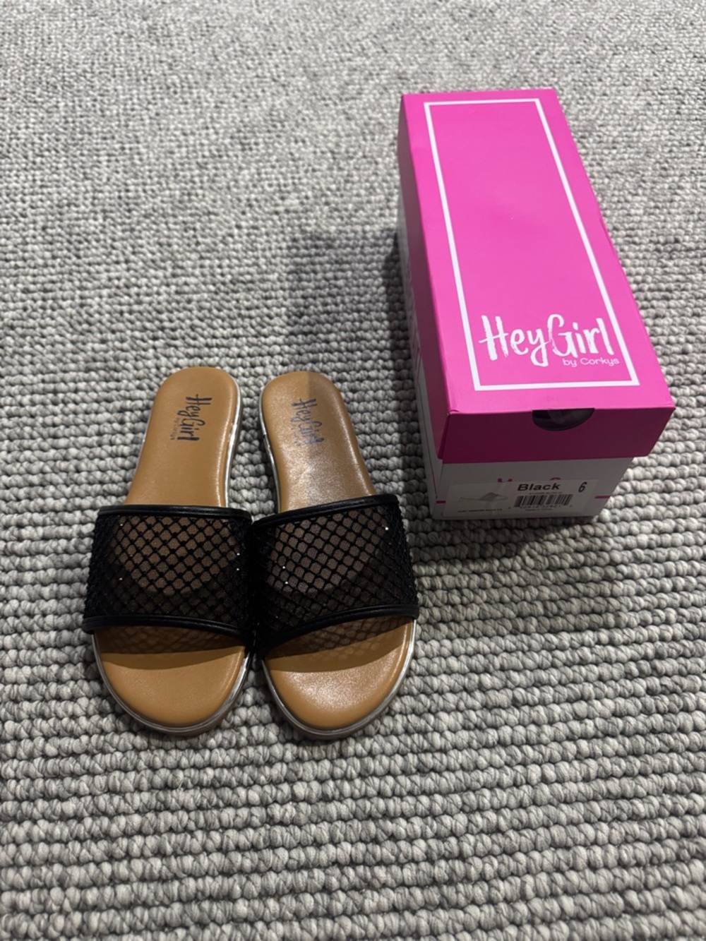 Corkys Black Mesh Slide Sandals with Tan Footbed